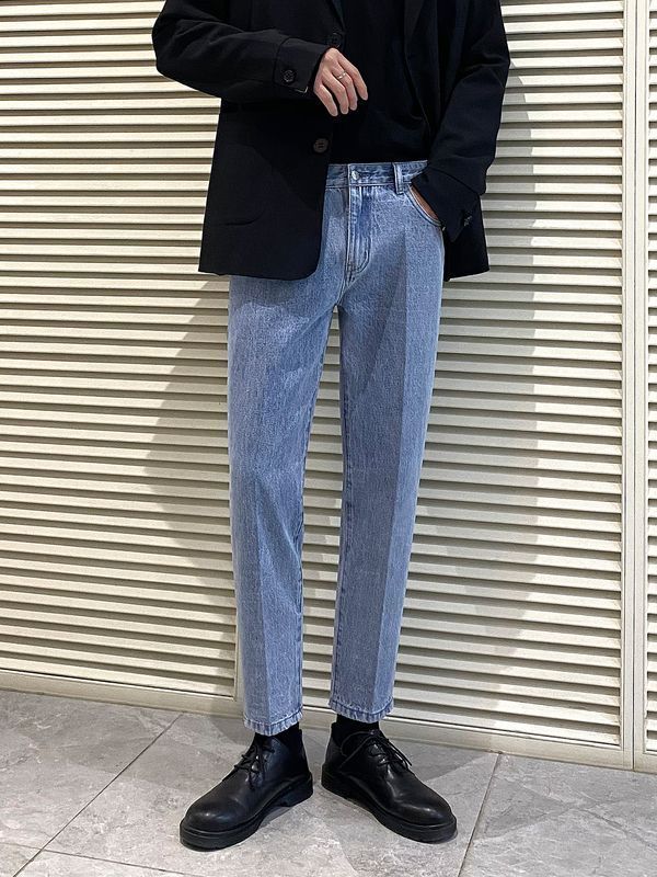 春夏牛仔褲男寬鬆直筒淺藍色九分褲韓版潮流百搭修身男士休閒褲子