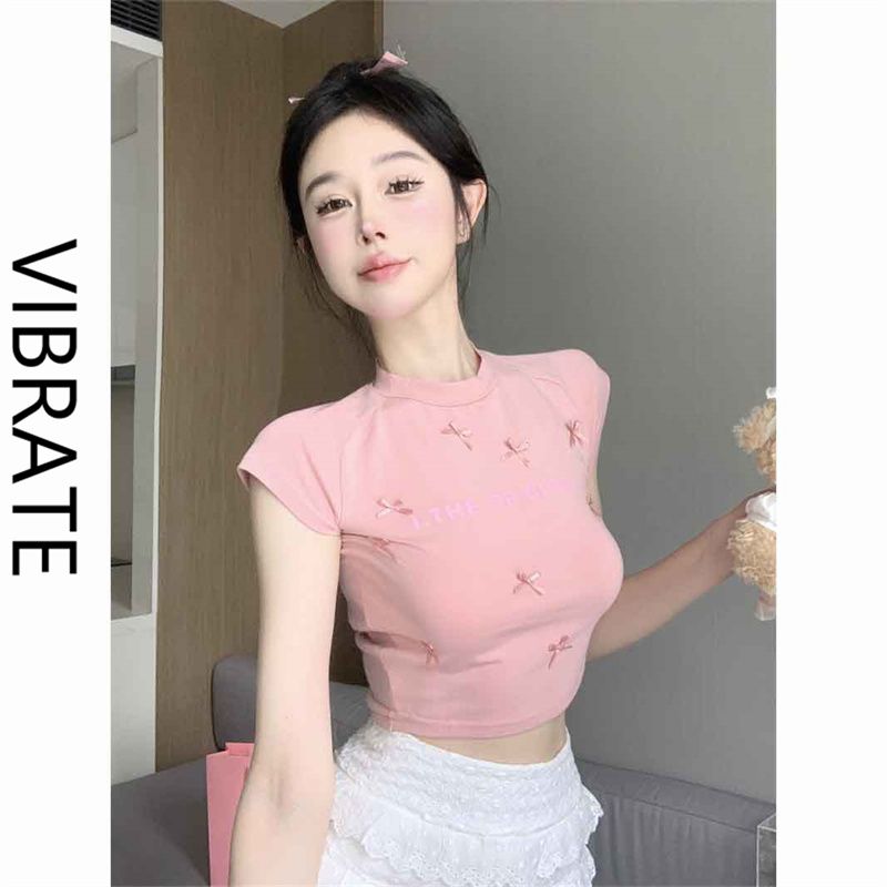 VIBRATE sweet and spicy bow girl age-reducing short-sleeved T-shirt summer short section navel beautiful small waistcoat top