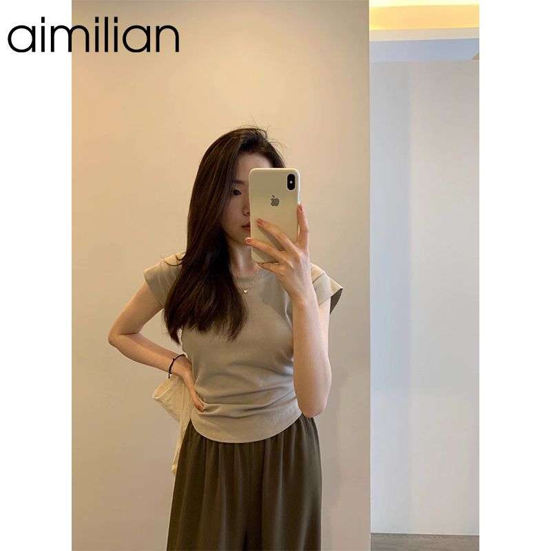 aimilian正肩小飛袖短袖t恤女夏季新款修身收腰顯瘦辣妹短款上衣