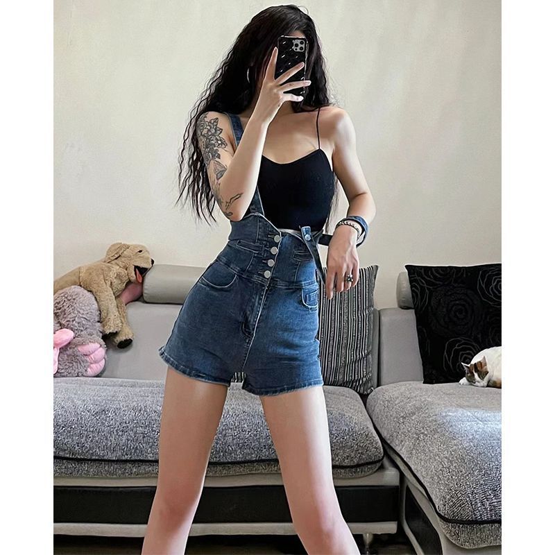 春秋季美式辣妹牛仔抱嬰袋短褲女純欲修身高腰顯瘦直筒背帶短褲