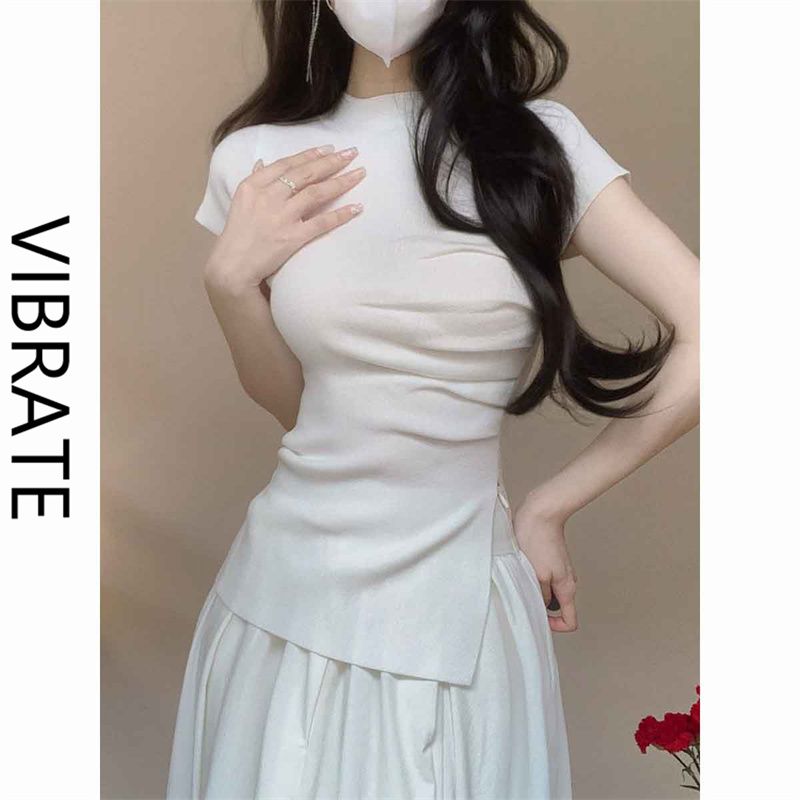 VIBRATE half-high collar front shoulder knitted short-sleeved t-shirt female 2023 summer tight waist short hot girl top