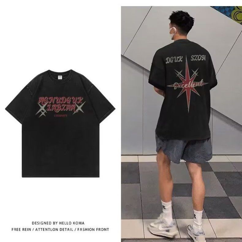 100% pure cotton heavyweight star letter printed short-sleeved T-shirt for men and women summer hip-hop street loose and versatile tops