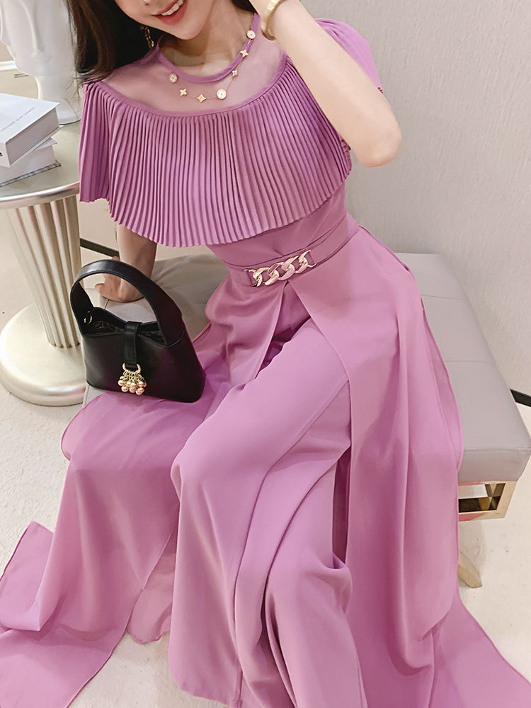 French light luxury fashion temperament suit 2023 summer new women's round neck top high waist wide leg pants two-piece set