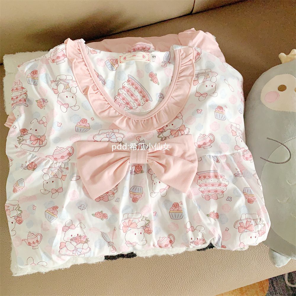蛋糕兔睡裙女夏季天新款圓領短袖中長款可愛卡通學生家居服睡衣裙