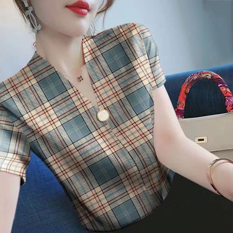 2023女裝新款短袖夏季V領洋氣打底衫時尚印花韓版上衣小衫潮