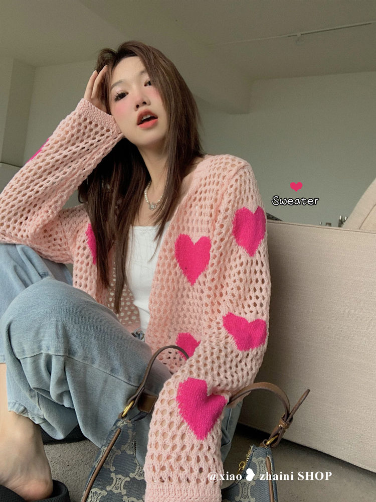 Love embroidery hollow out long-sleeved knitted cardigan women's spring sweater design sense niche spring top coat