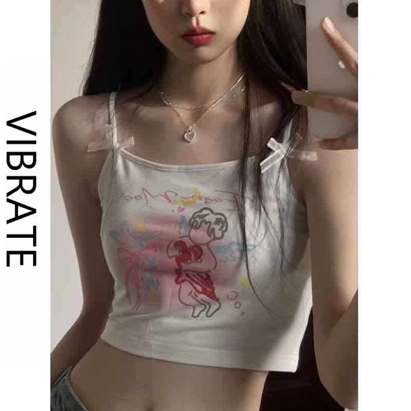 VIBRATE韓版甜辣卡通字母吊帶背心女夏季短款修身顯瘦氣質上衣ins