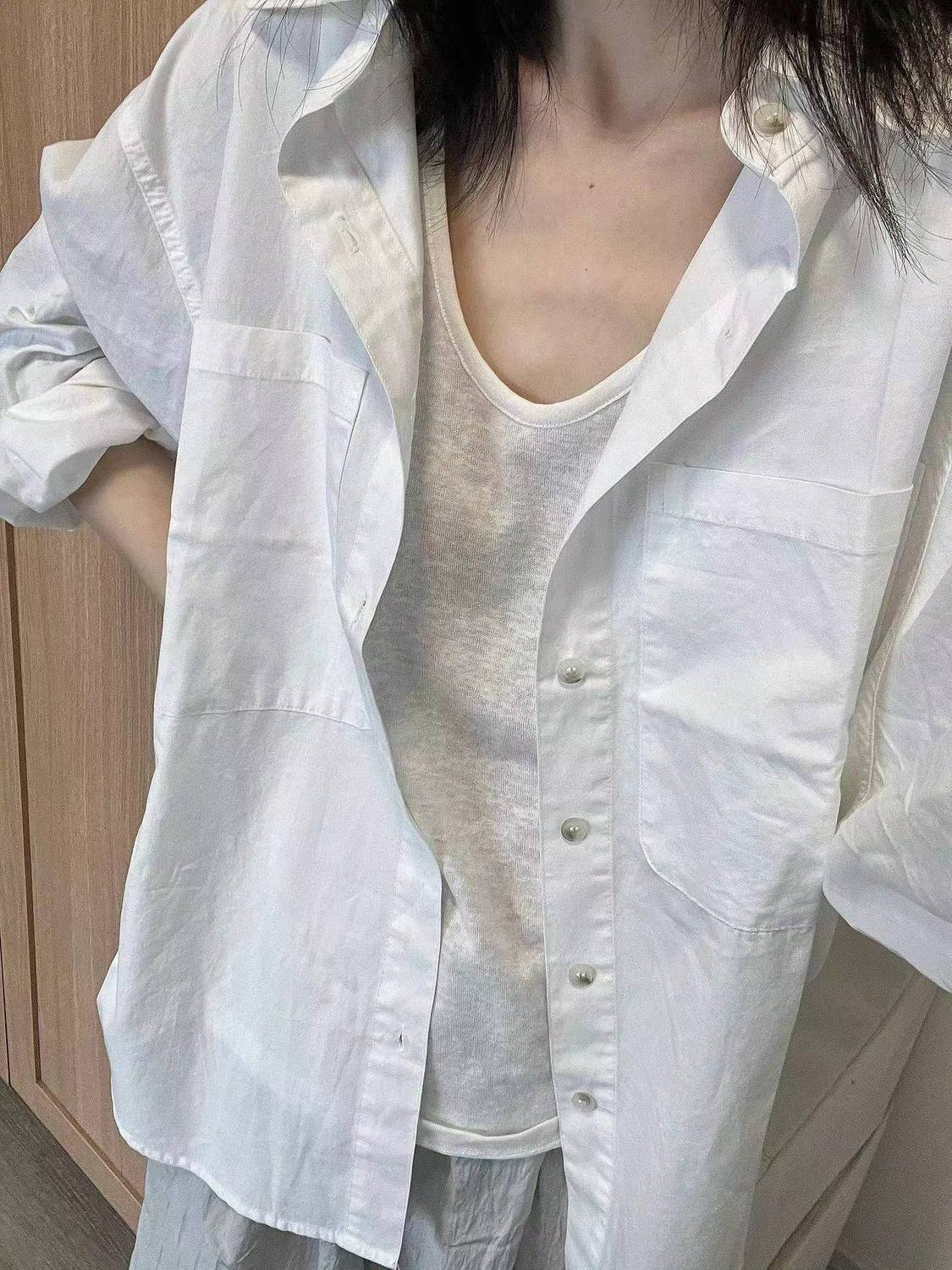 2023夏季雙口袋白色襯衫女寬鬆百搭情侶襯衣開衫休閒顯瘦防曬衣潮