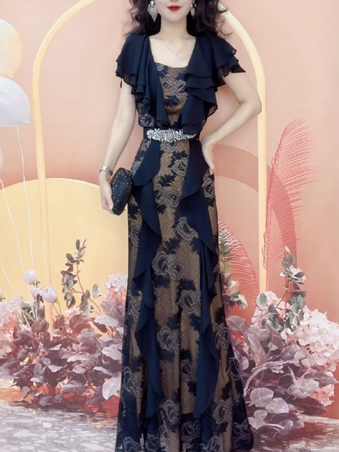 氣質優雅黑色連衣裙女2023夏季新款高級感蕾絲拼接顯瘦魚尾長裙子