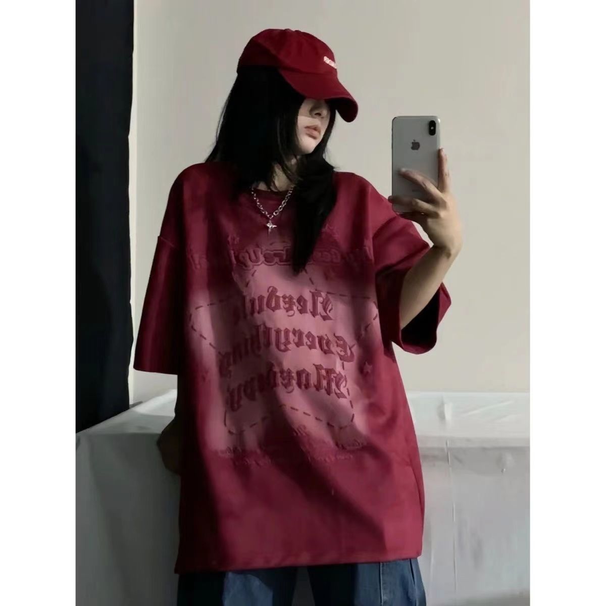 100%純棉美式復古高街字母印花短袖T恤女韓版寬鬆復古酒紅色上衣