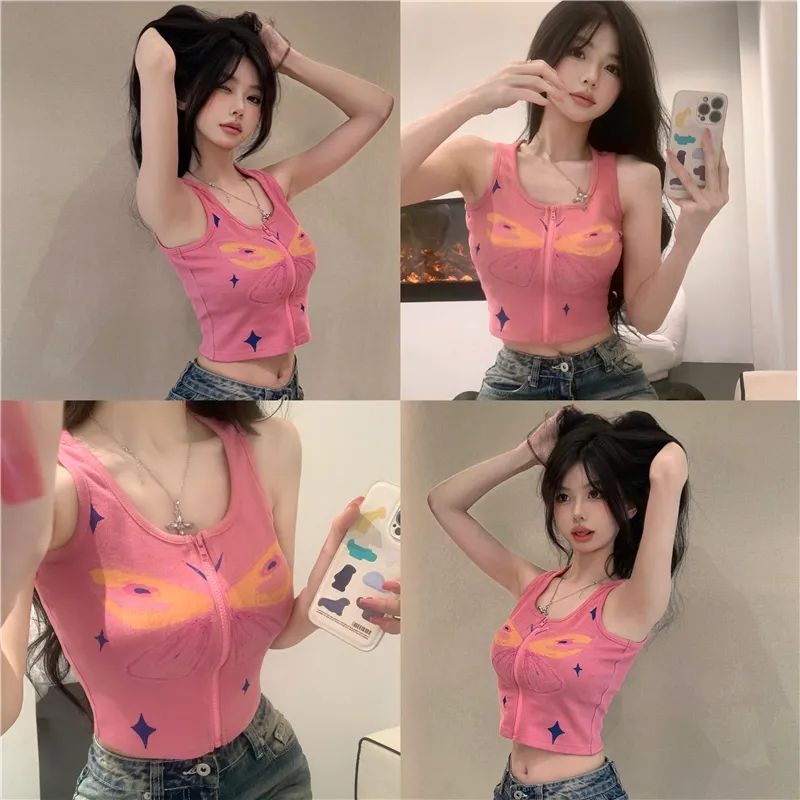 夏季蝴蝶結星星手繪塗鴉背心上衣女性感內搭辣妹短款無袖吊帶外穿