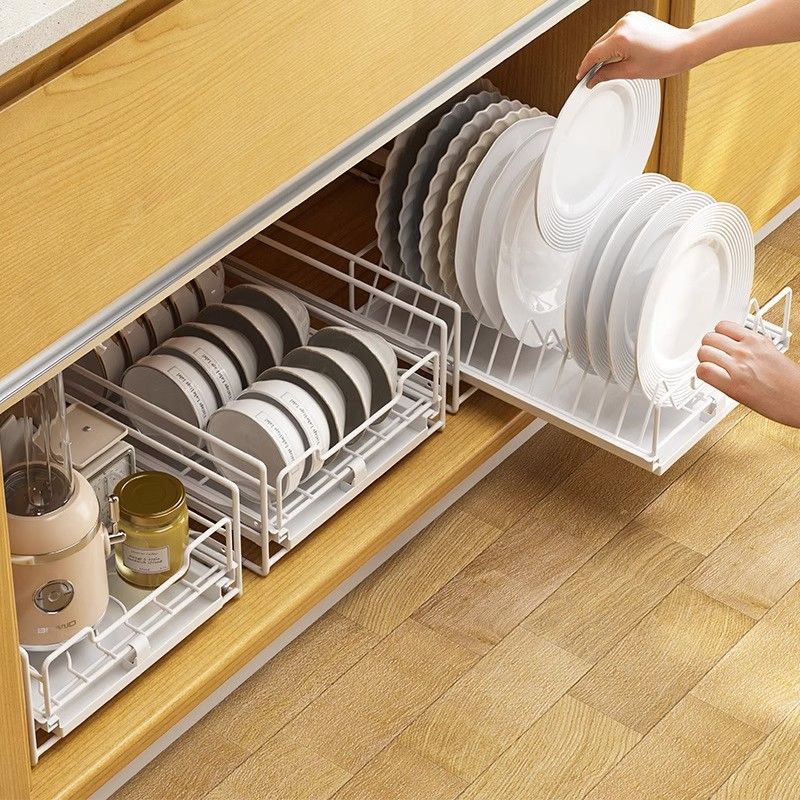 厨房碗碟收纳架免安装橱柜内置抽拉碗架抽屉式置物架分隔碗盘拉篮
