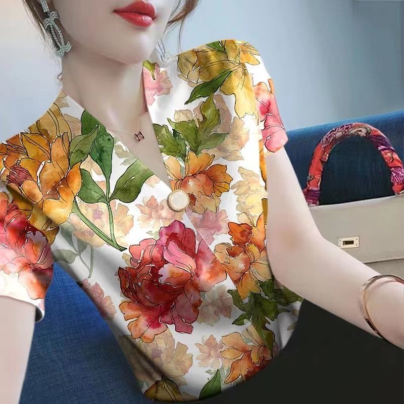2023女裝新款短袖夏季V領洋氣打底衫時尚印花韓版上衣小衫潮