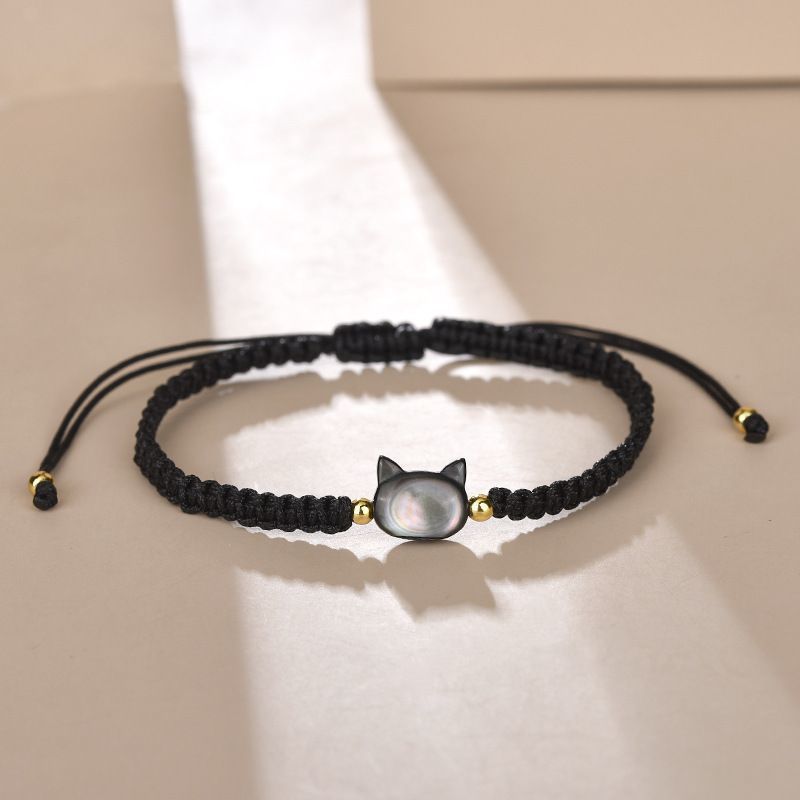小众设计黑猫咪贝壳可调节黑尖晶水晶极细定制轻奢手链可调节手绳