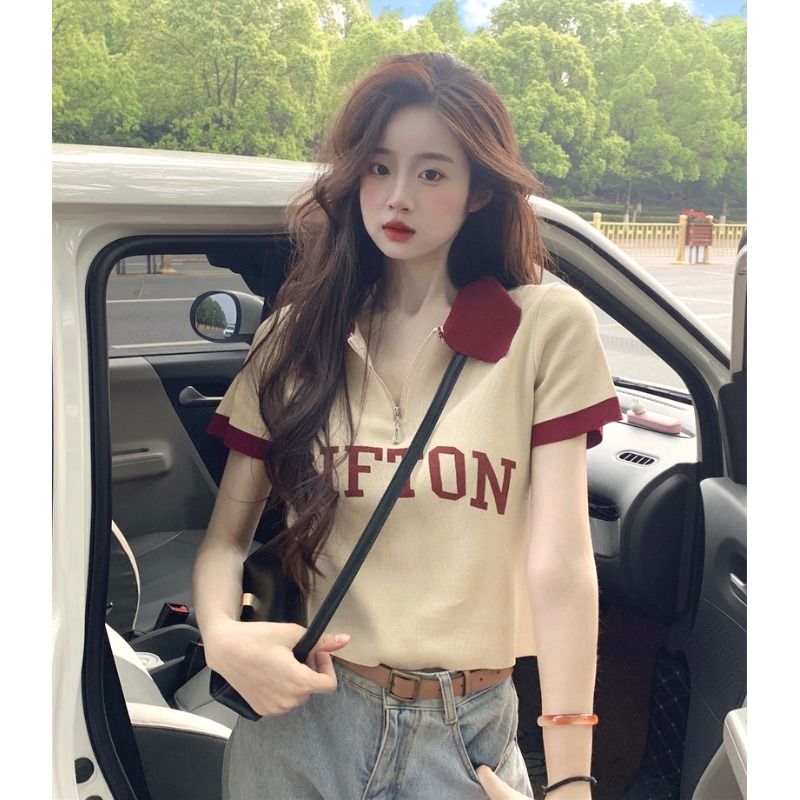 American style contrast color letter polo collar knitted short-sleeved T-shirt female summer retro student short shoulder top t-shirt