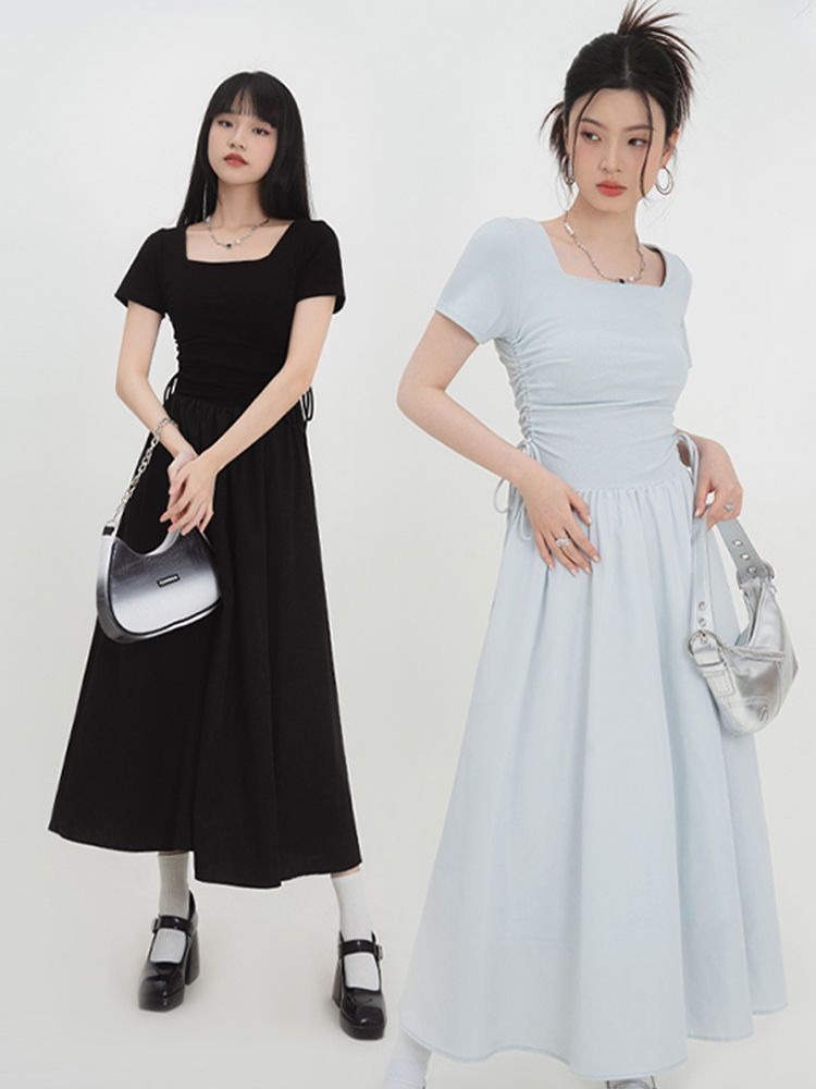 2023 new style French retro drawstring square neck dress simple pleated solid color waist slimming a-line mid-length skirt