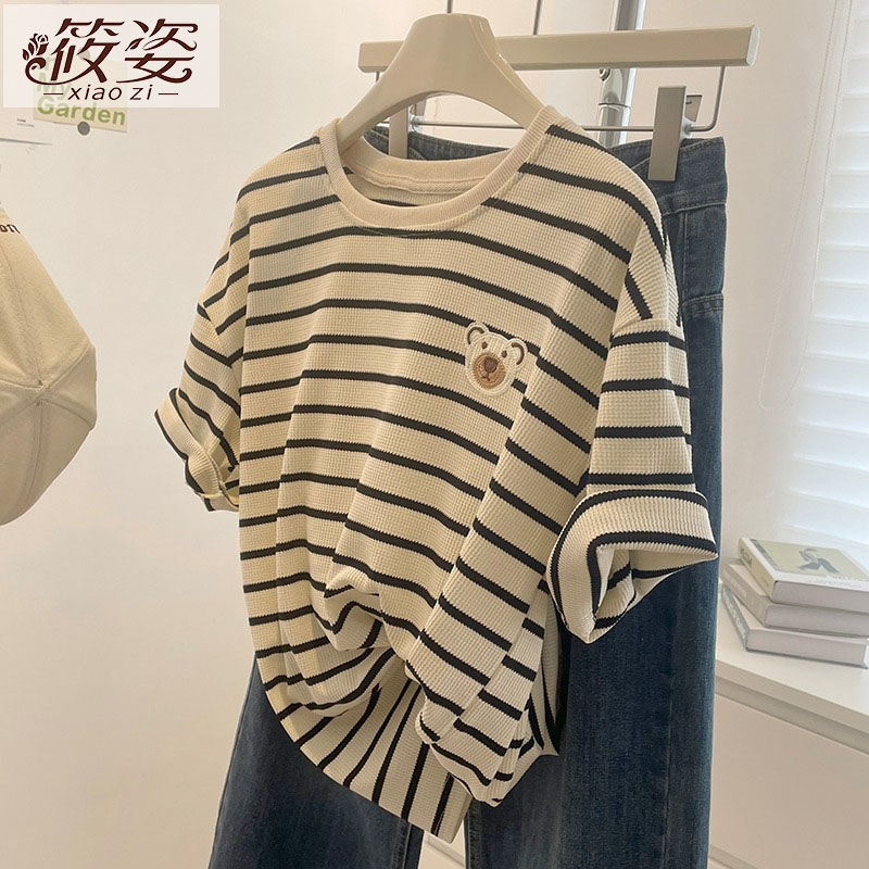 筱姿小熊刺繡短袖T恤女夏季寬鬆顯瘦2023新款百搭條紋圓領上衣潮