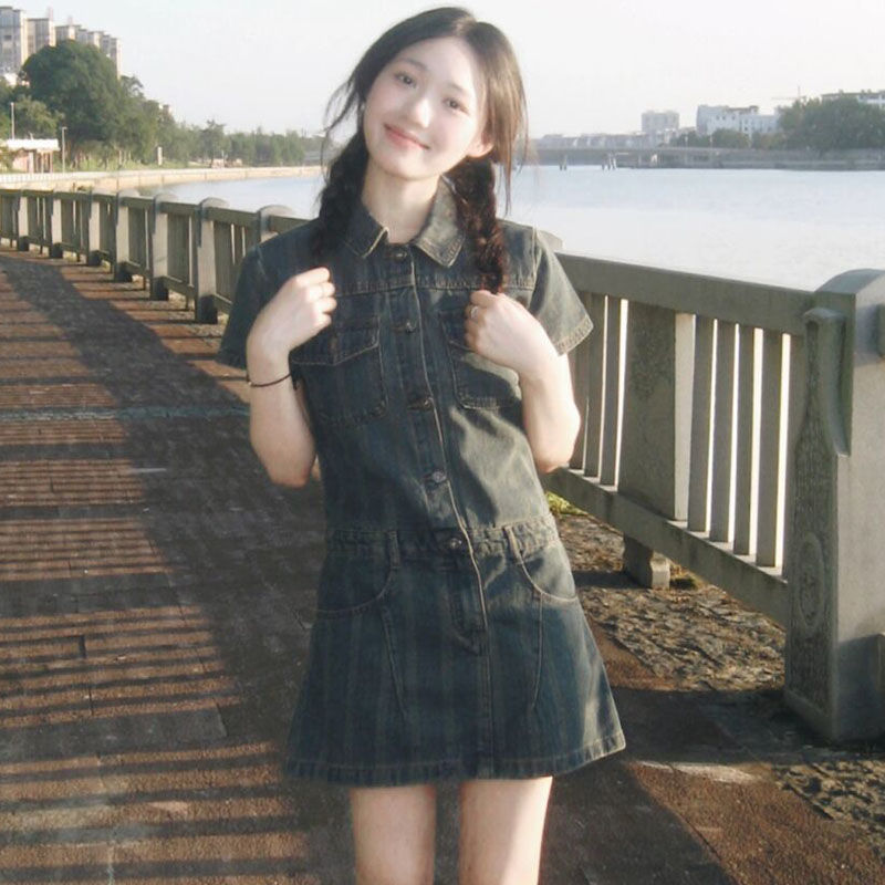 復古學院風水洗做舊牛仔連衣裙女學生夏季寬鬆顯瘦小個子a字裙子