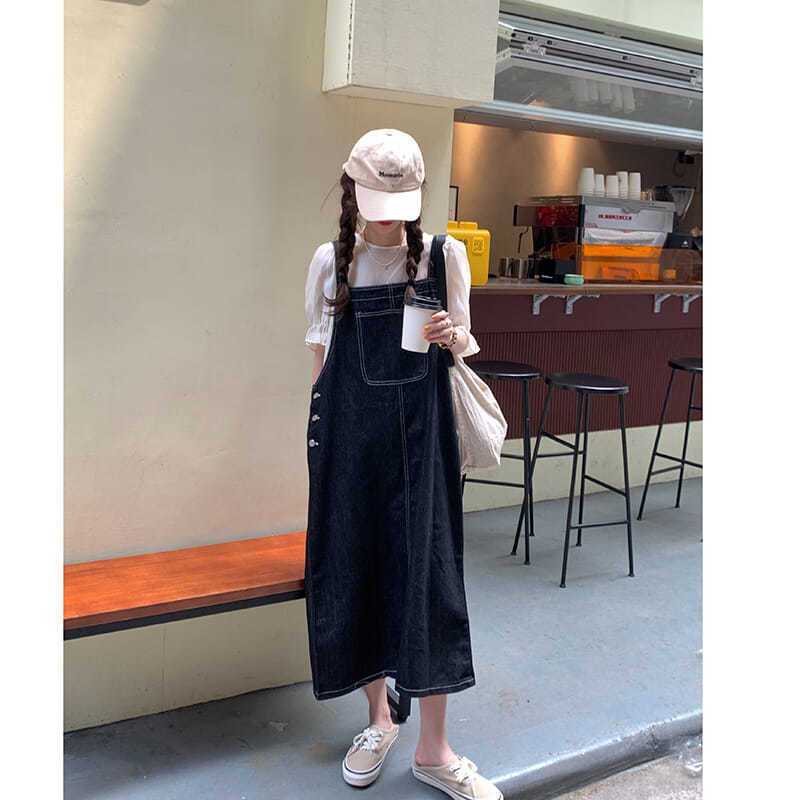 深藍色牛仔背帶裙女夏季新款韓版寬鬆減齡吊帶裙中長款直筒連衣裙