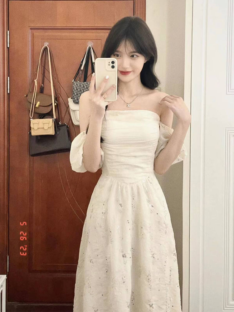 韓系高級感白月光初戀小白裙收腰氣質抹胸連衣裙女學生夏季仙女裙