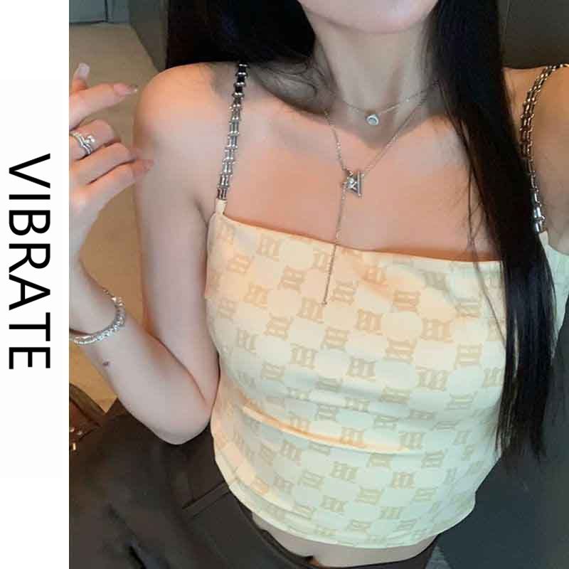 VIBRATE韓版鏈條肩帶滿印背心女夏短款美背設計感外穿無袖上衣