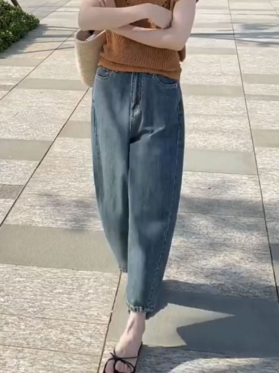 大碼夏季薄款香蕉褲牛仔褲女梨型身材胖妹妹高腰顯瘦九分闊腿褲