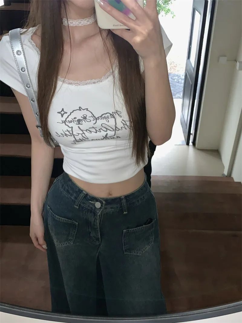 2023 summer new white all-match U-neck slim short lace edge cute puppy print design T-shirt short sleeves