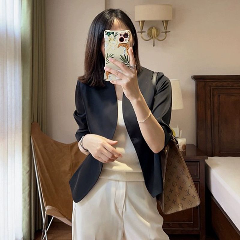 Black suit jacket for women 2023 new summer thin lady style casual high-end small suit tops for women