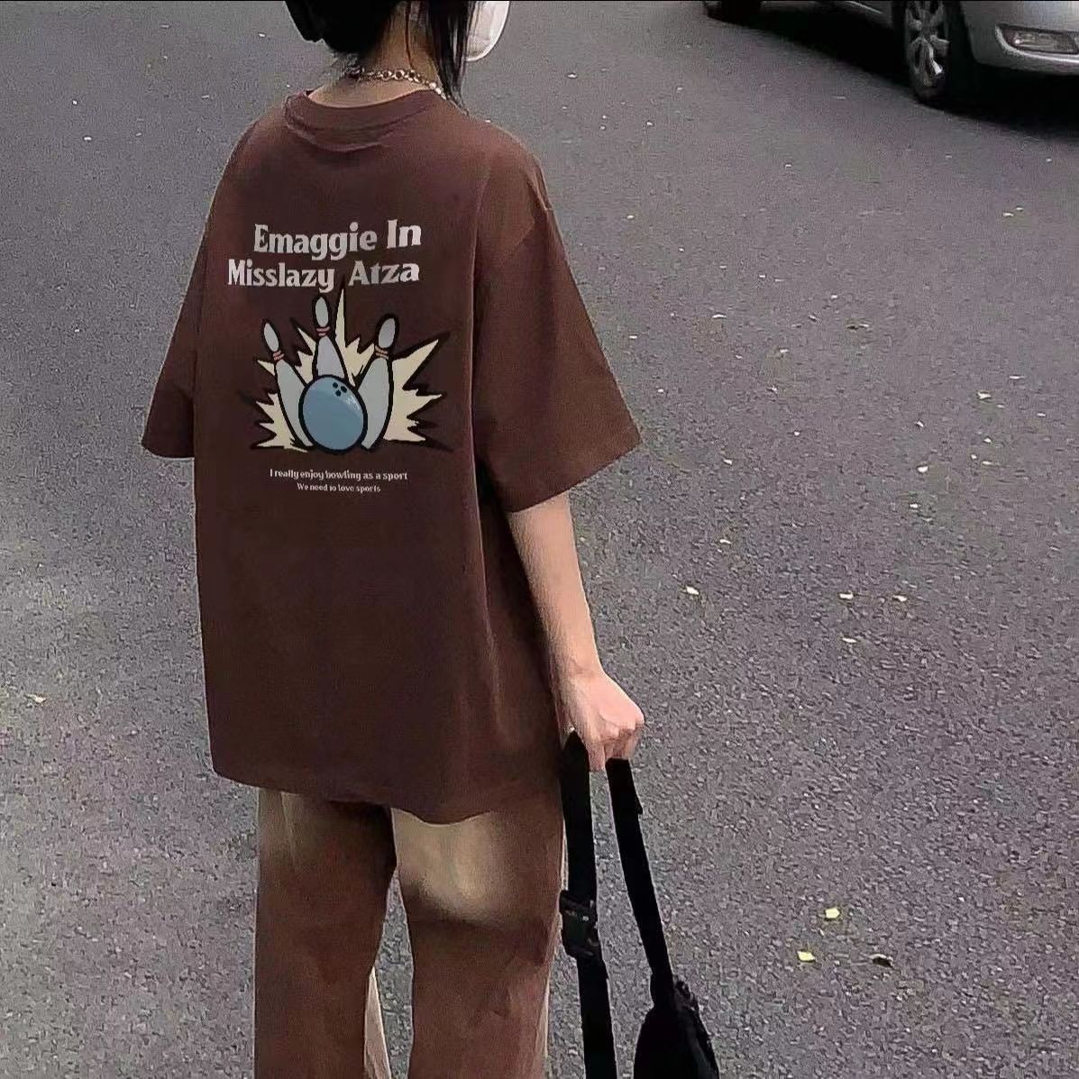 100% cotton brown short-sleeved t-shirt women's summer new retro Hong Kong style chic lazy style loose half-sleeved top