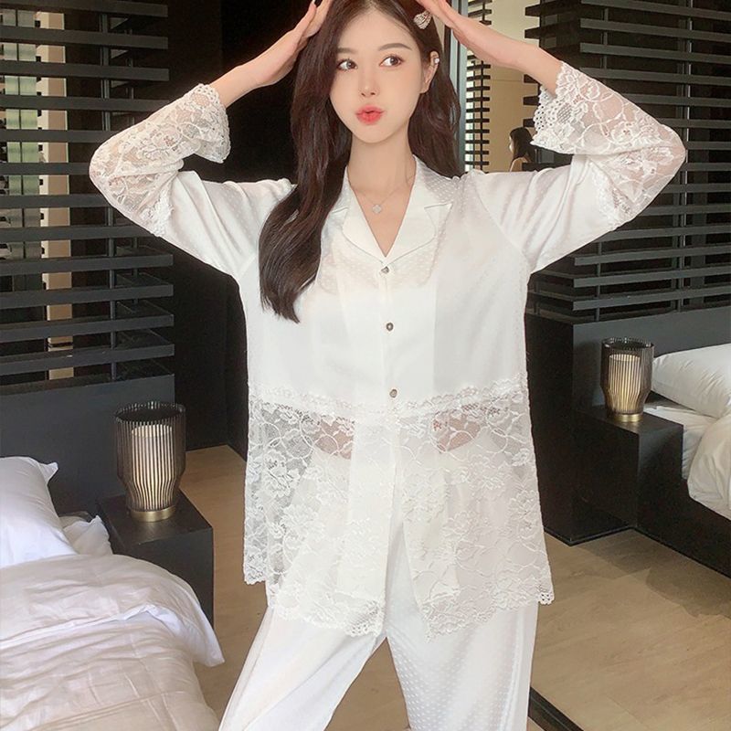 Summer silk ice silk women's pajamas long-sleeved trousers home wear lace can be worn outside the two-piece set to look slim and popular