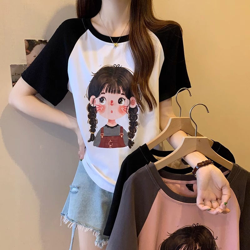 Dopamine wear large size t-shirt female students fashion raglan short-sleeved foreign style slightly fat mm top clothes women's summer clothes