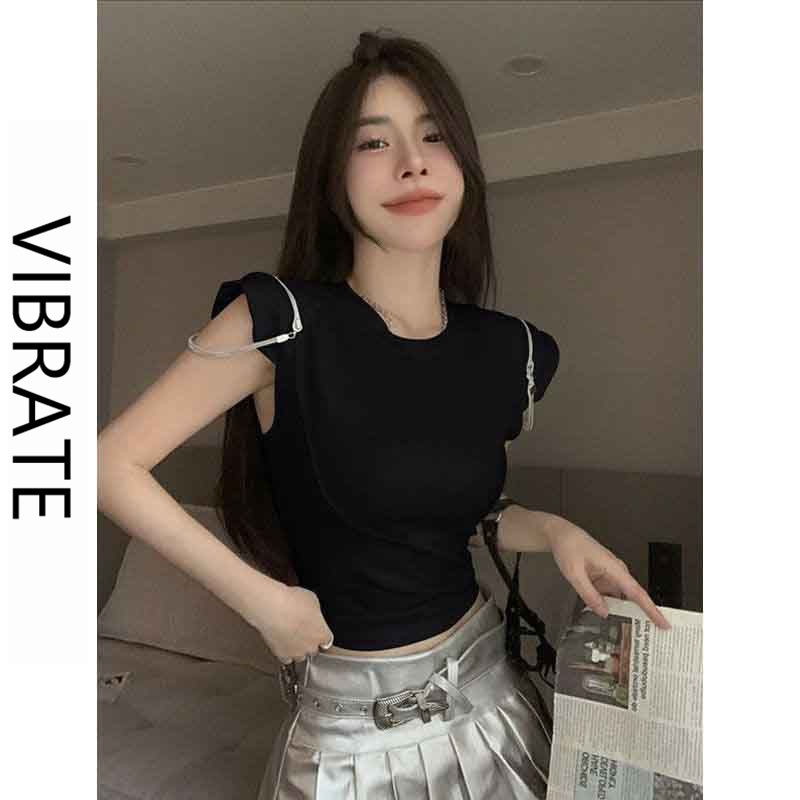 VIBRATE hot girl short top female summer niche unique unique zipper shoulder pad short-sleeved t-shirt Korean version of ins tide