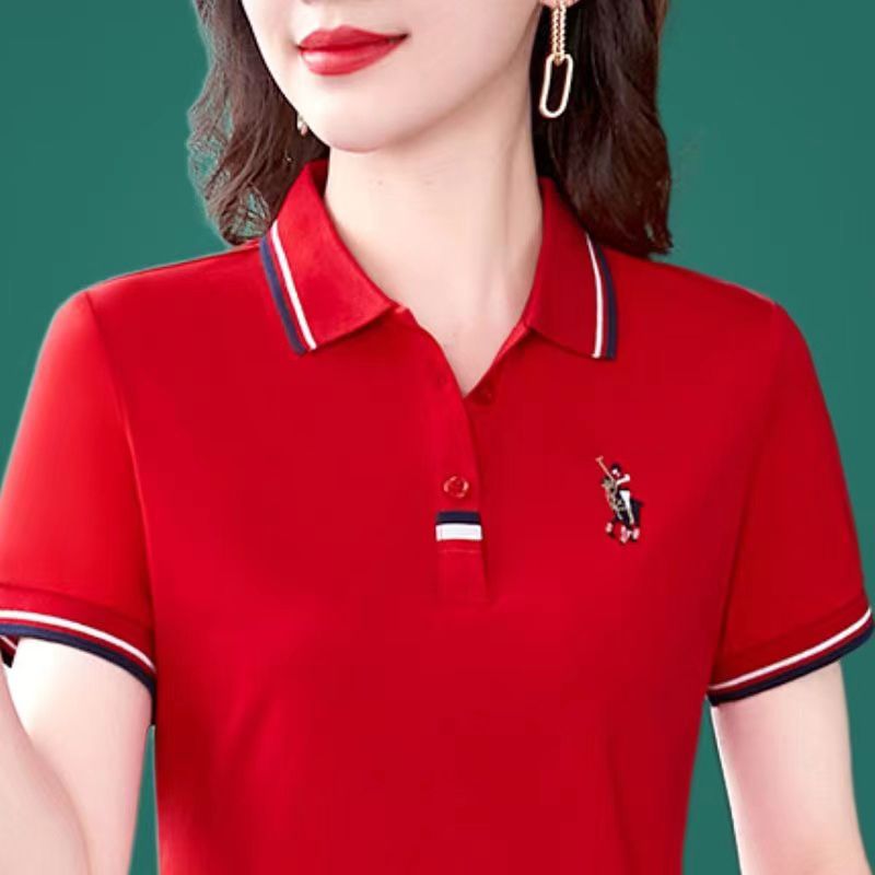 撿漏~外貿尾單大牌剪標撤櫃短袖t恤女款刺繡媽媽POLO領上衣女