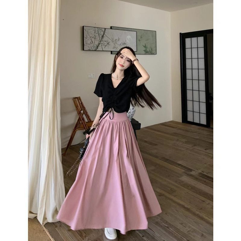 時尚套裝女抽褶系帶短袖上衣夏季高腰粉色大擺半身裙子單/兩件套