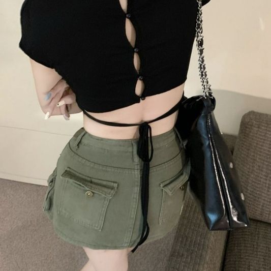 SODAZZZ hollow lace t-shirt women's new summer design black short slim slim short-sleeved top trendy