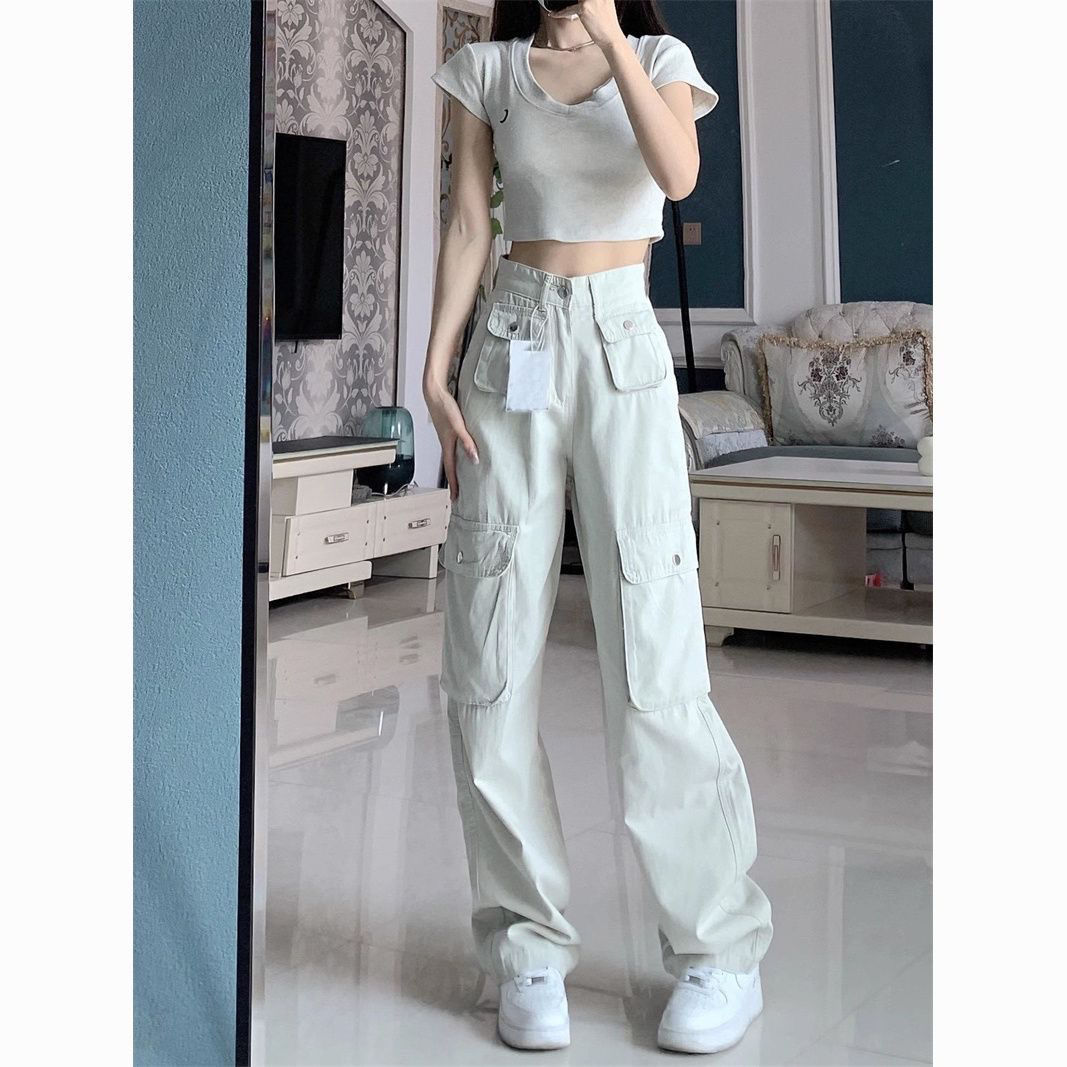 美式高街白色工裝牛仔褲女夏秋高腰寬鬆爵士舞多口袋闊腿直筒褲子