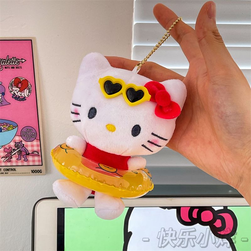 ins風游泳圈hellokitty玩偶毛絨公仔高顏值kitty貓掛件情侶鑰匙扣