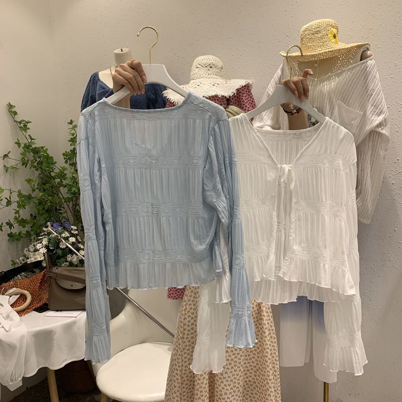 Summer sweet thin long-sleeved pleated cardigan new casual summer Korean Dongdaemun versatile women's sun protection top