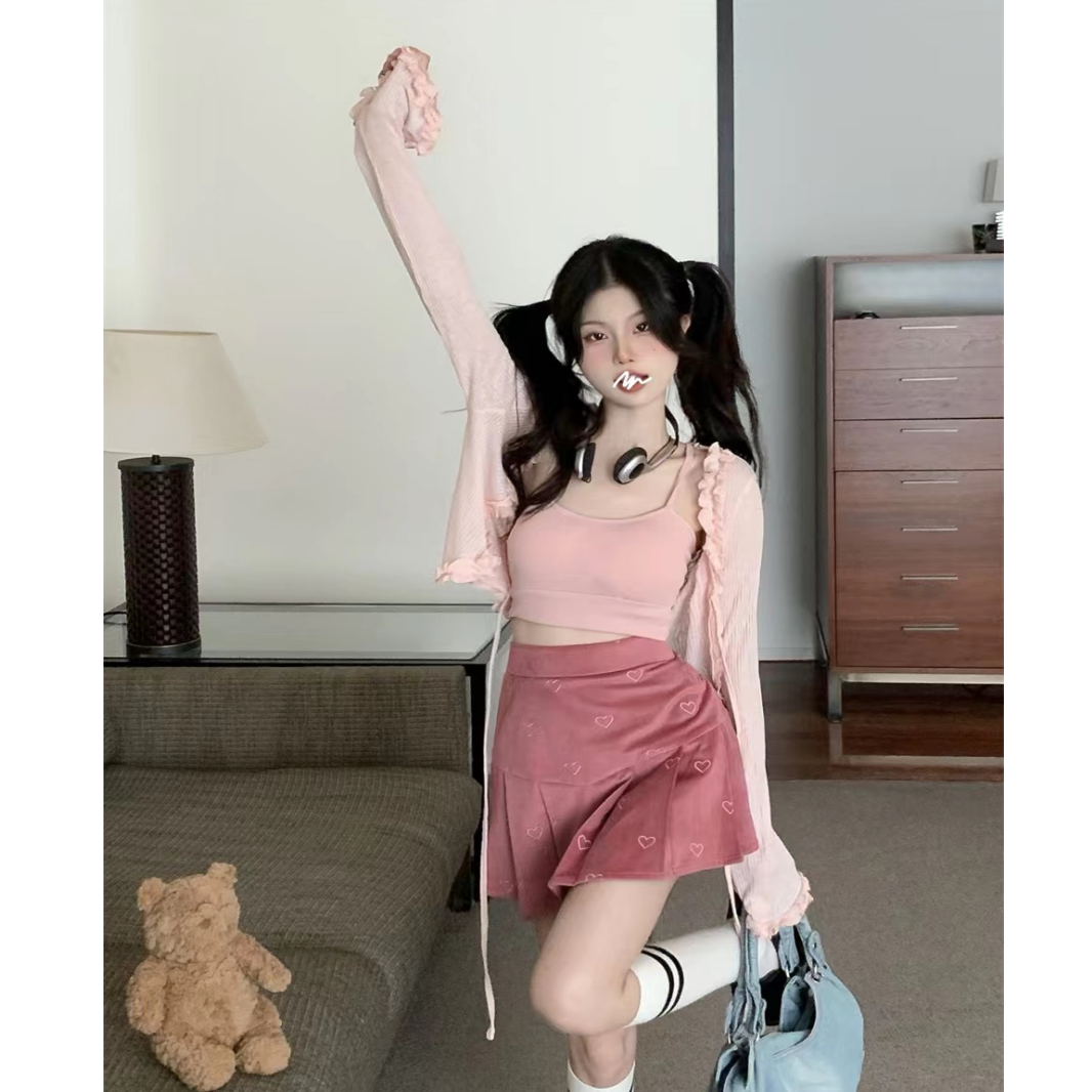 甜辣妹時尚套裝長袖開衫外套女吊帶背心夏季半身裙短裙單/三件套