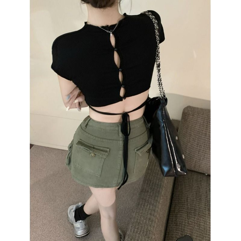 SODAZZZ hollow lace t-shirt women's new summer design black short slim slim short-sleeved top trendy