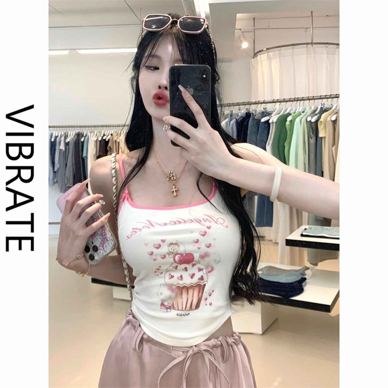 VIBRATE分你一塊蛋糕 印花吊帶背心女夏季設計感修身短款無袖上衣