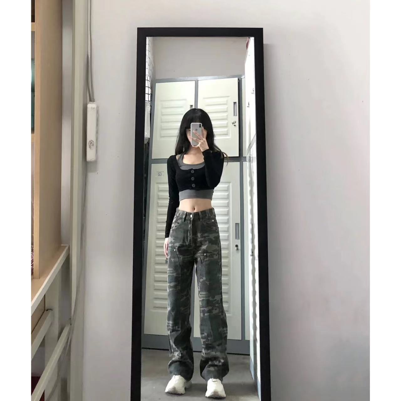 迷彩色牛仔褲女工裝百搭美式辣妹顯瘦寬鬆拖地長褲爵士舞蹈歐美風