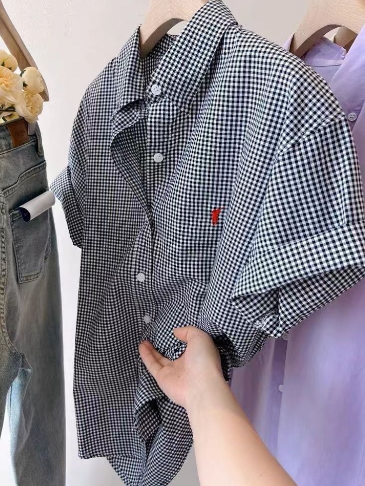 夏季2023新款刺繡純棉短袖襯衫女寬鬆百搭中長款翻領襯衣開衫外搭