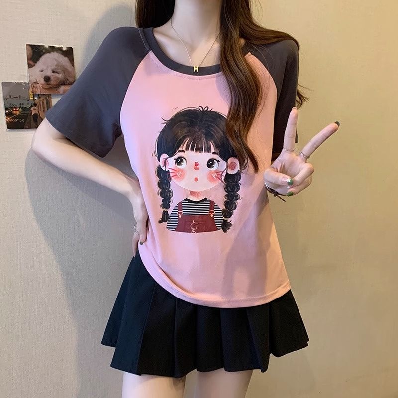 Dopamine wear large size t-shirt female students fashion raglan short-sleeved foreign style slightly fat mm top clothes women's summer clothes