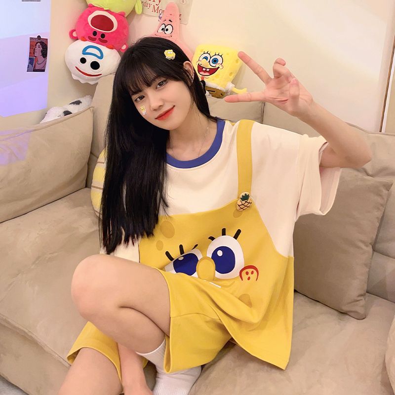 卡通海綿寶寶睡衣女可愛夏季薄款短袖短褲甜美學生夏天家居服套裝