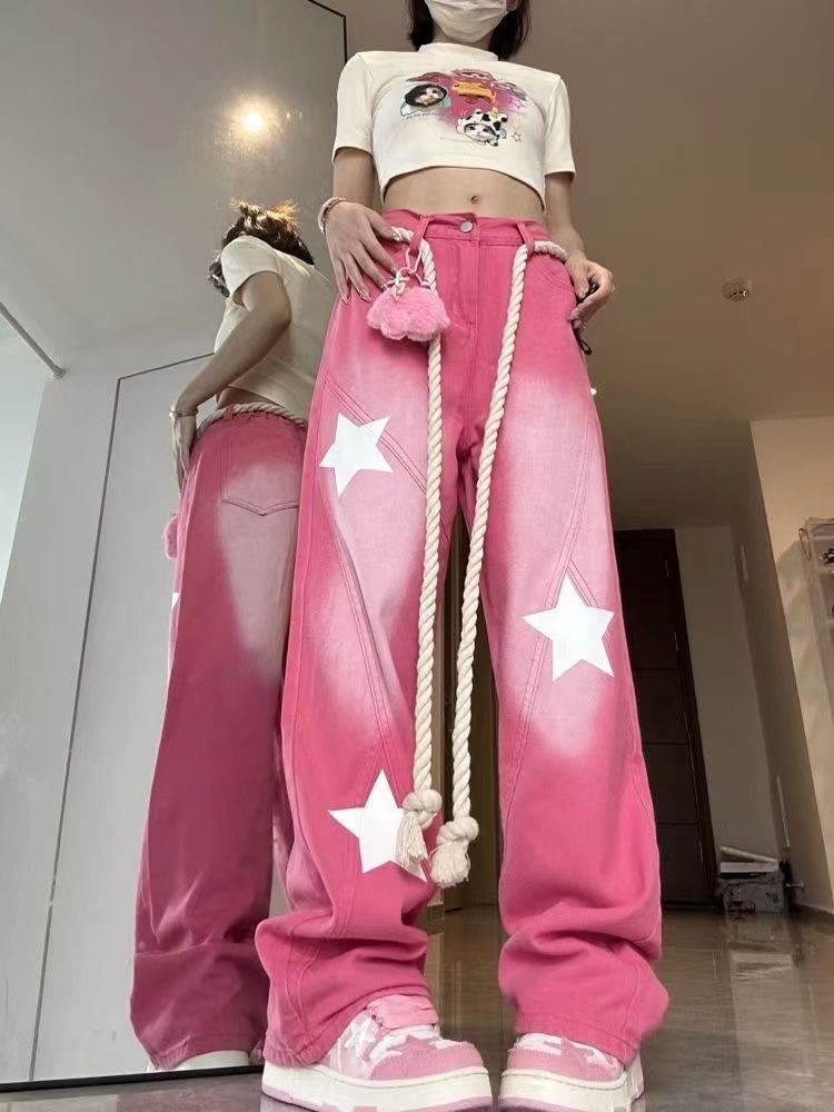 多巴胺女孩穿搭大碼星星牛仔褲女胖mm高街設計感直筒小眾闊腿褲子