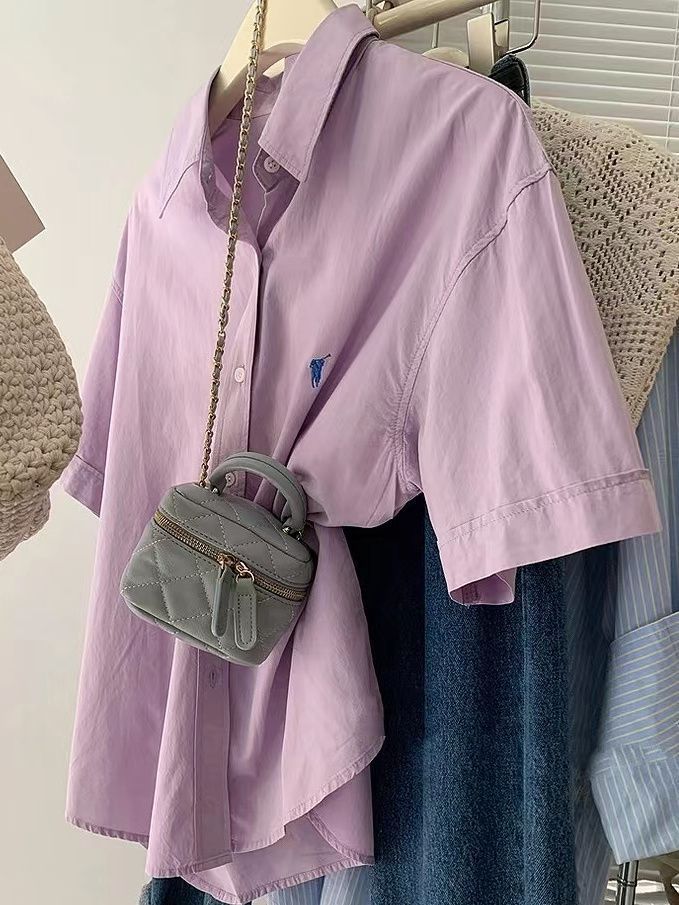 小馬刺繡減齡淡紫色純棉短袖襯衫女寬鬆百搭襯衣開衫外穿休閒上衣