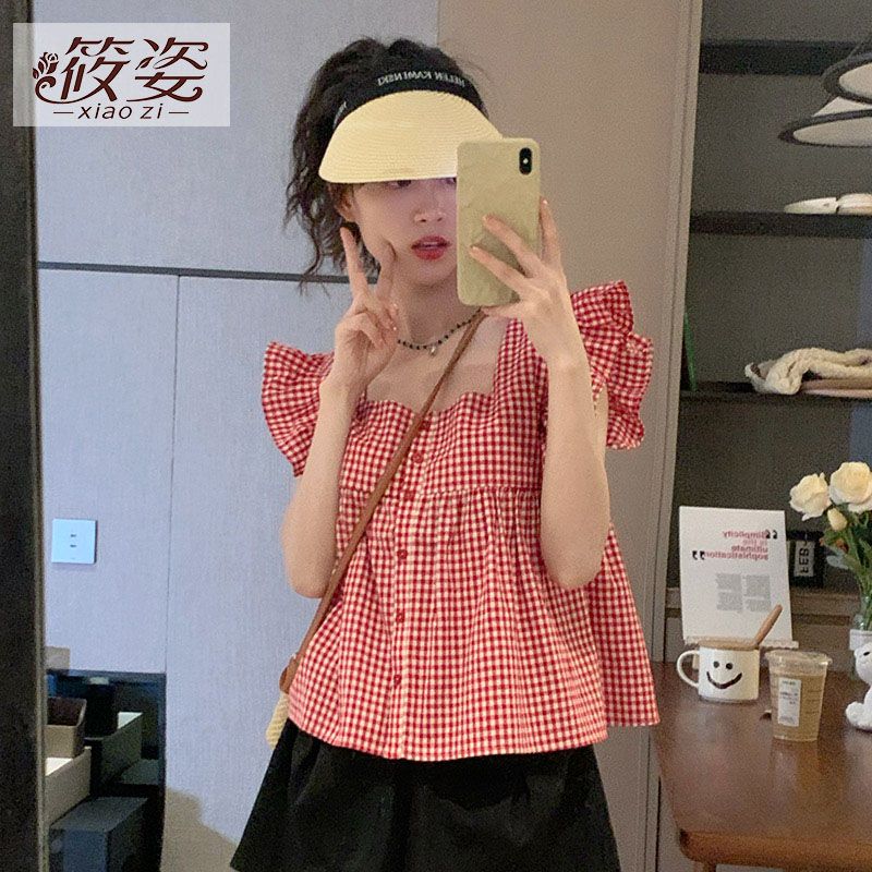 筱姿甜美格子小飛袖襯衫女夏季新款法式減齡設計感別致小衫上衣潮