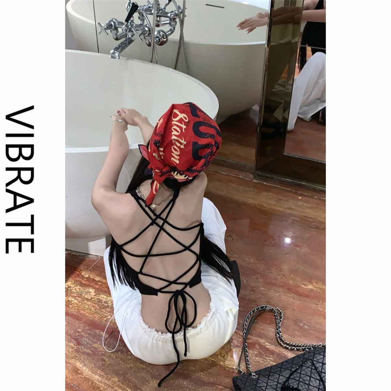 VIBRATE純欲甜辣妹黑色露背綁帶吊帶背心女夏季修身短款內搭上衣