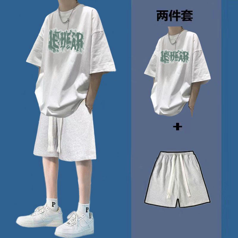 Short-sleeved t-shirt suit men's summer trend ins shorts loose men's clothing set with ruffian handsome fried street 1/2 piece set